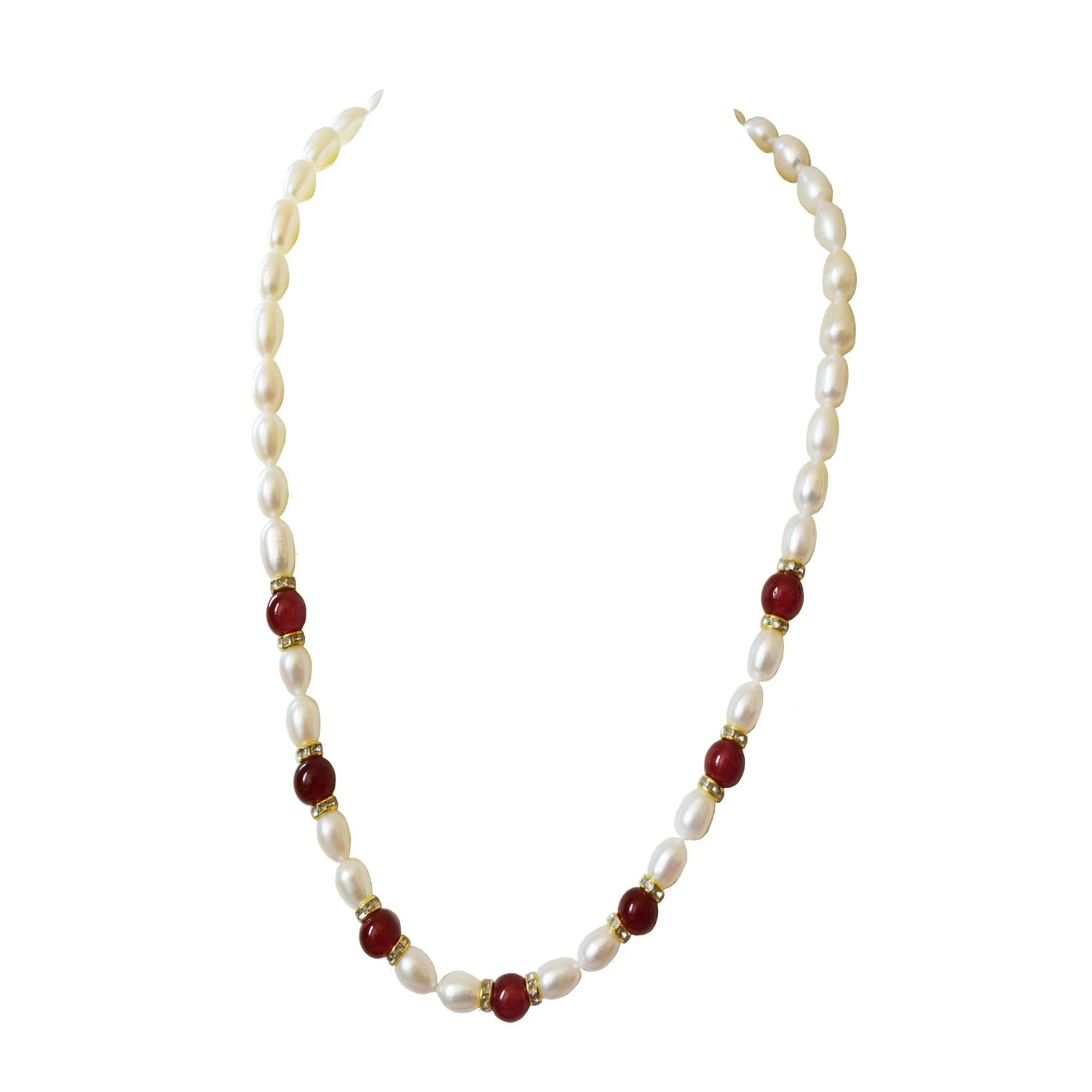 Crimson Elegance: Elongated Pearl and Red Stone Necklace (SN1034)