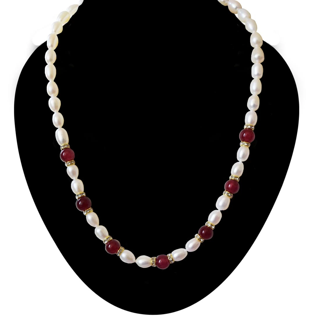 Crimson Elegance: Elongated Pearl and Red Stone Necklace (SN1034)