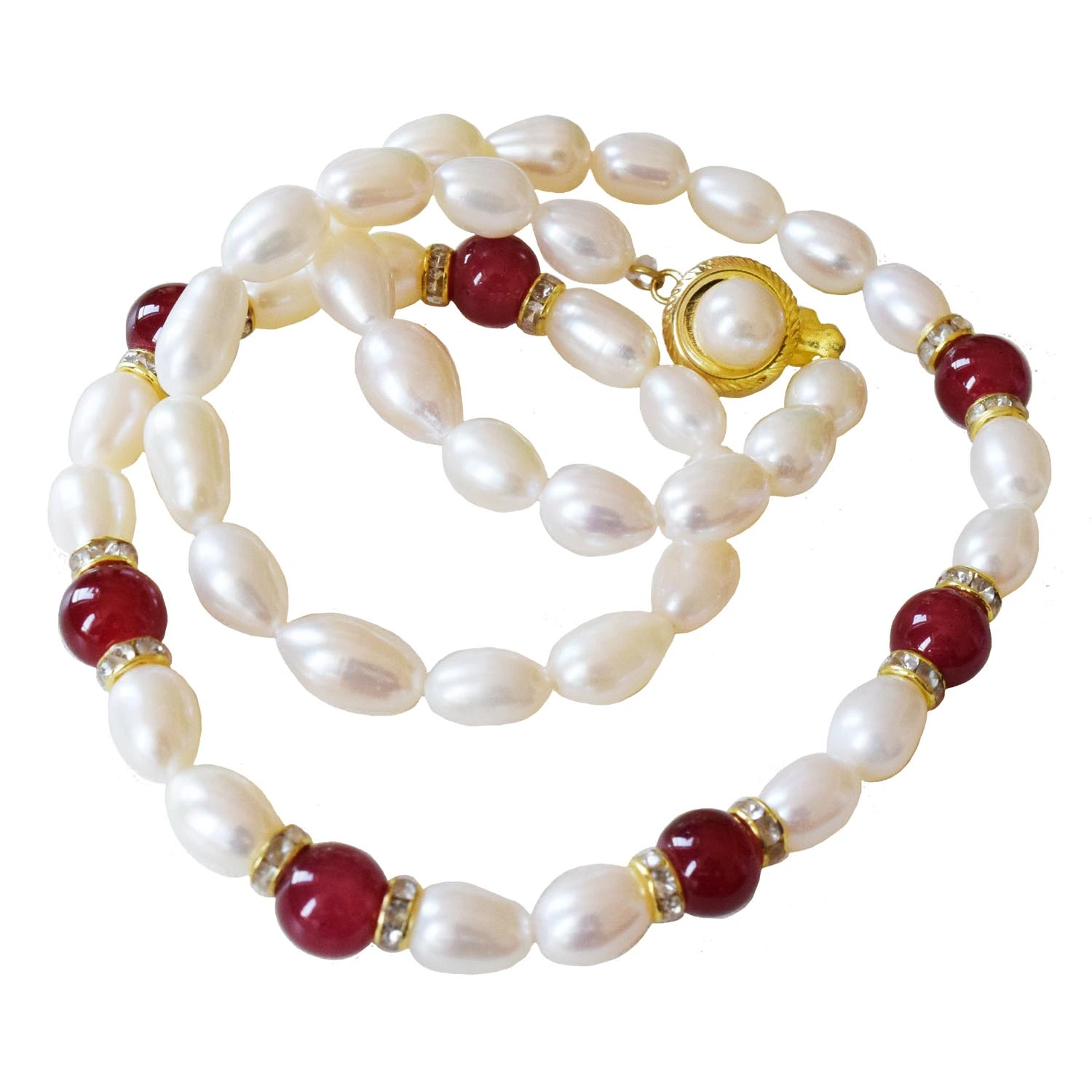 Crimson Elegance: Elongated Pearl and Red Stone Necklace (SN1034)