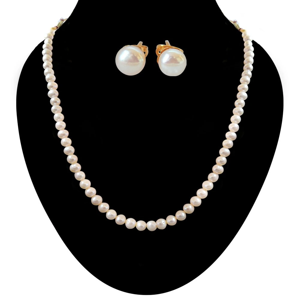 Round Real Pearl Single Line Necklace & Earring Set