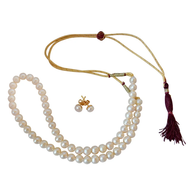 Round Real Pearl Single Line Necklace & Earring Set (SN1035)