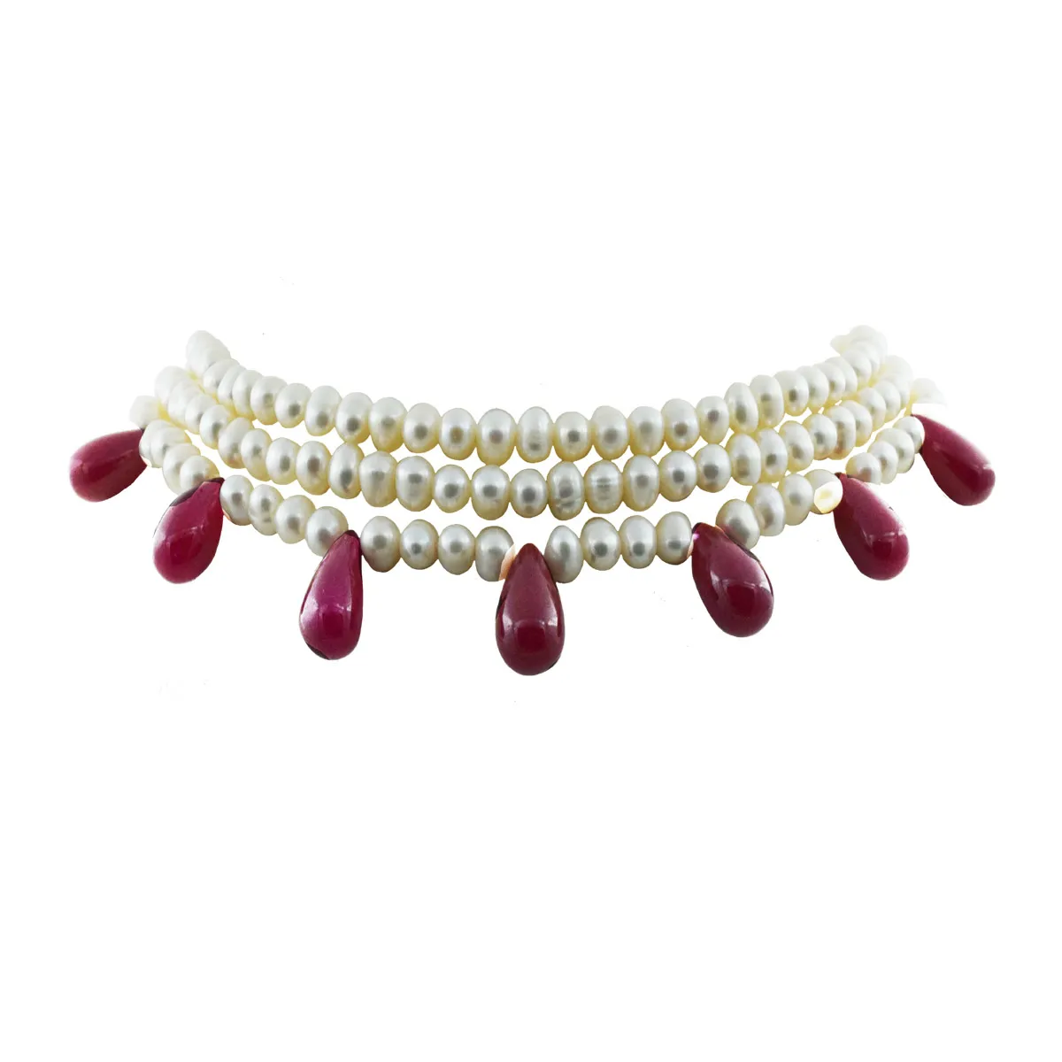 3 Line Real Freshwater Pearl & Ruby Drop Choker Necklace for Women (SN1039)