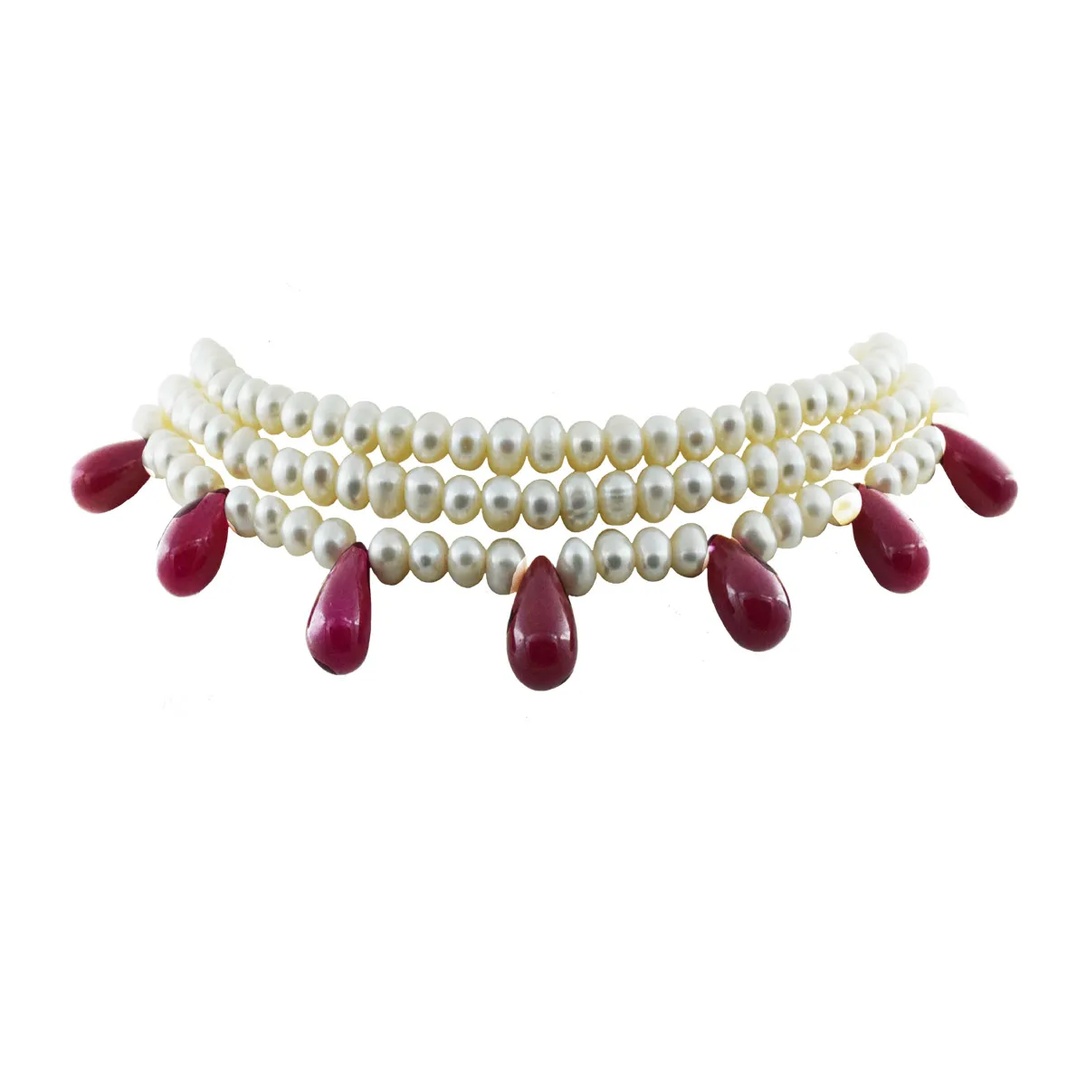 Ruby Rapture: Triple-Layer Pearl & Ruby Cascade Choker (SN1039)