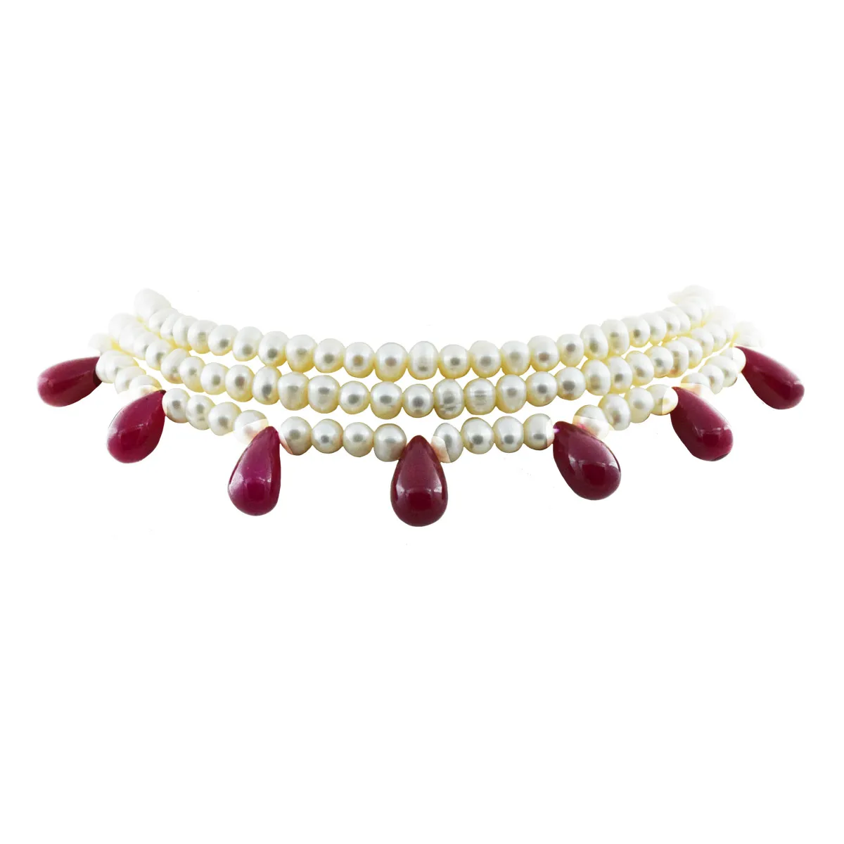 3 Line Real Freshwater Pearl & Ruby Drop Choker Necklace for Women (SN1039)