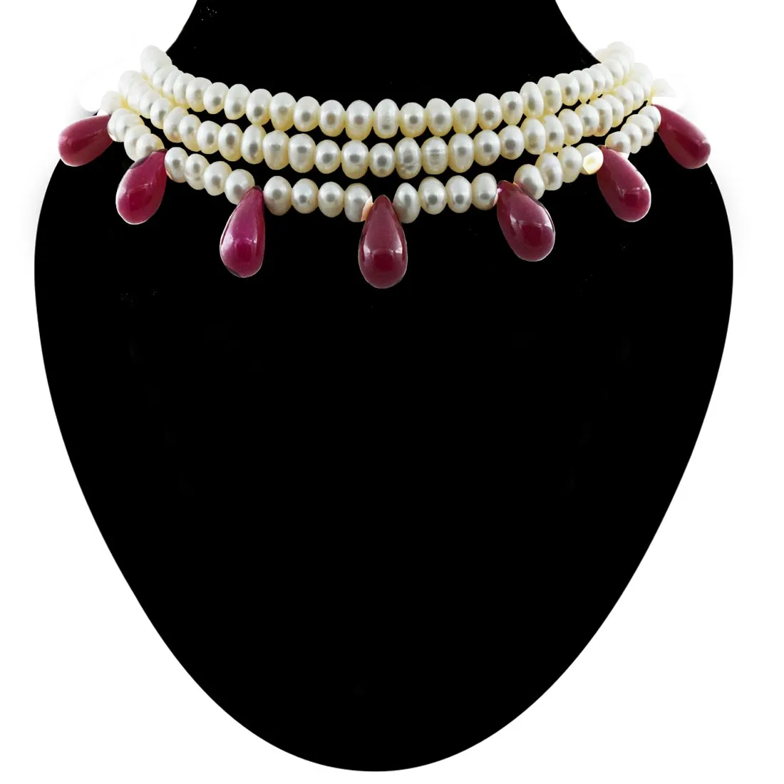 Ruby Rapture: Triple-Layer Pearl & Ruby Cascade Choker (SN1039)