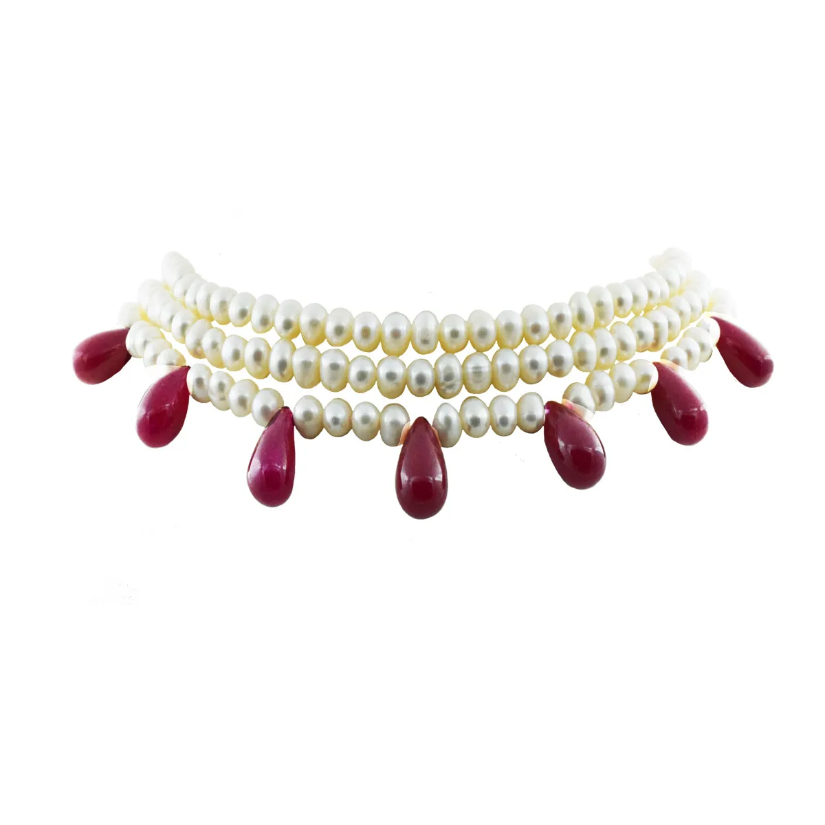 Ruby Rapture: Triple-Layer Pearl & Ruby Cascade Choker (SN1039)