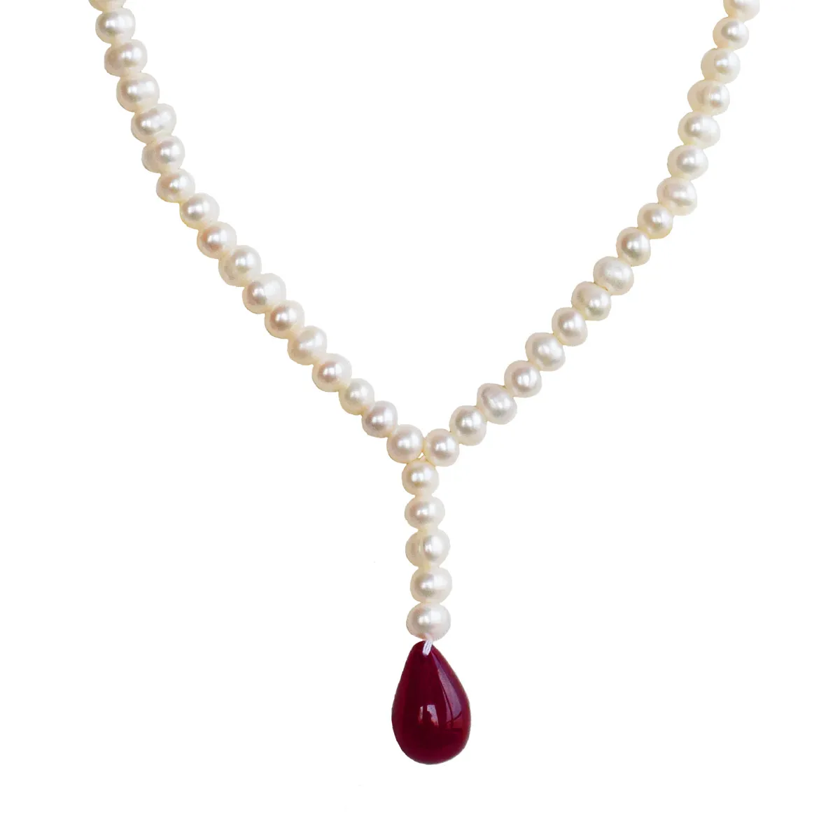 Single Line Real Freshwater Pearl & Hanging Drop Ruby Necklace for Women (SN1040)