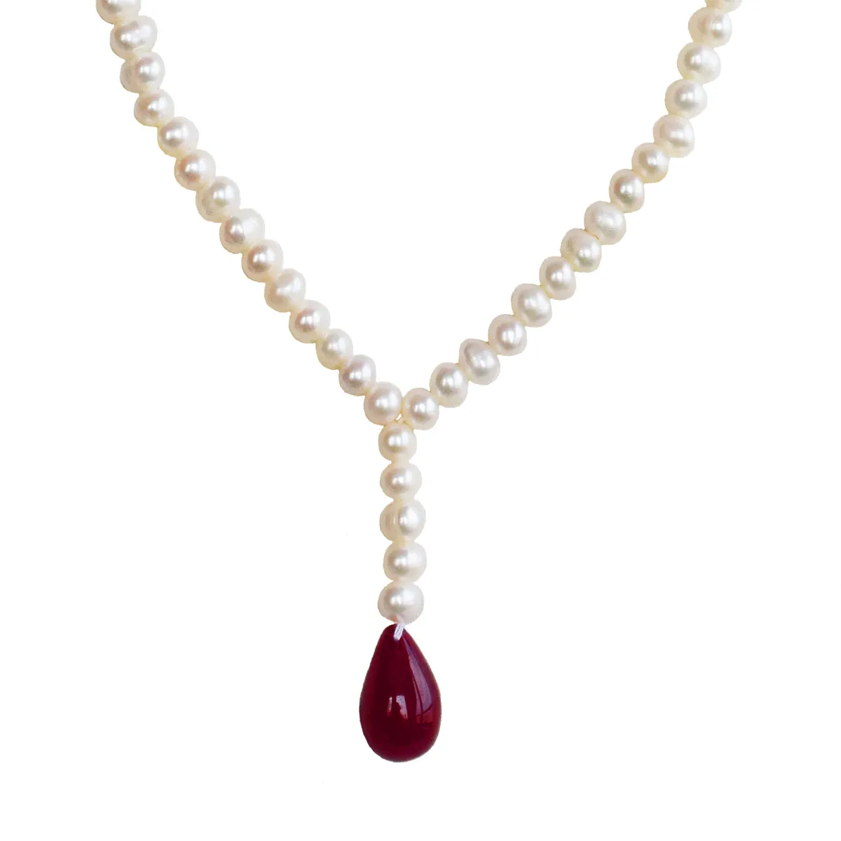 Single Line Real Freshwater Pearl & Hanging Drop Ruby Necklace for Women (SN1040)