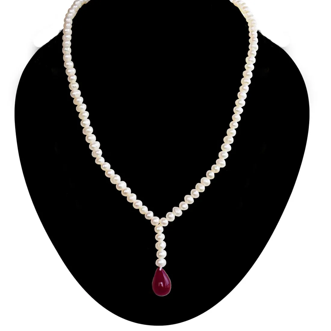 Single Line Real Freshwater Pearl & Hanging Drop Ruby Necklace for Women (SN1040)