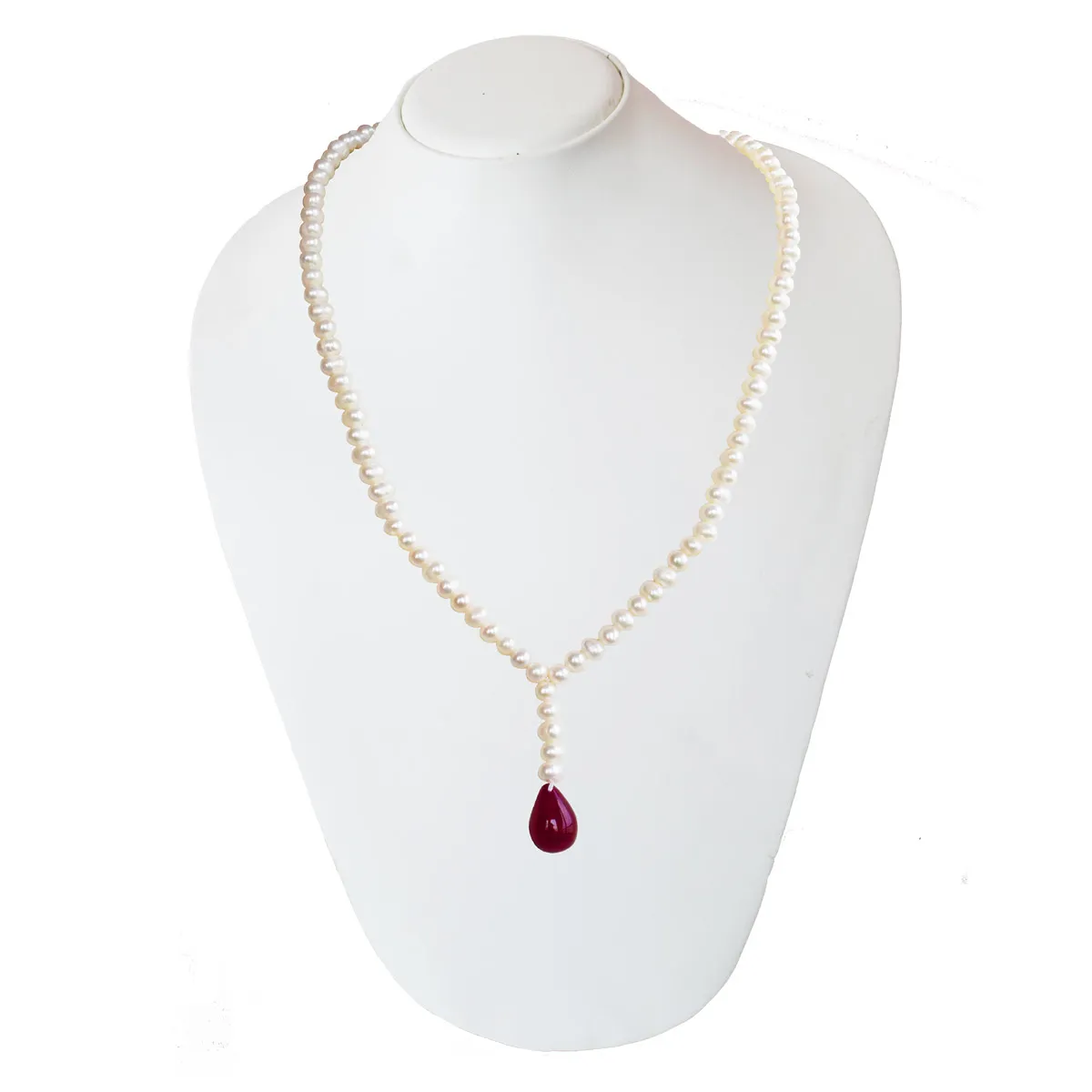 Single Line Real Freshwater Pearl & Hanging Drop Ruby Necklace for Women (SN1040)