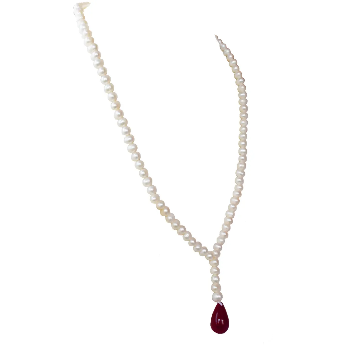 Single Line Real Freshwater Pearl & Hanging Drop Ruby Necklace for Women (SN1040)