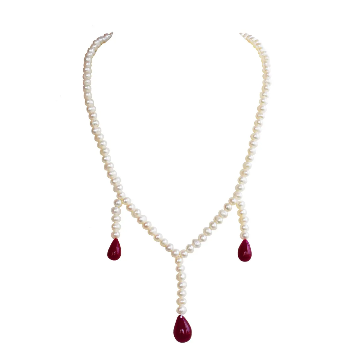 Single Line Real Freshwater Pearl & Hanging Drop Ruby Necklace for Women(SN1041)