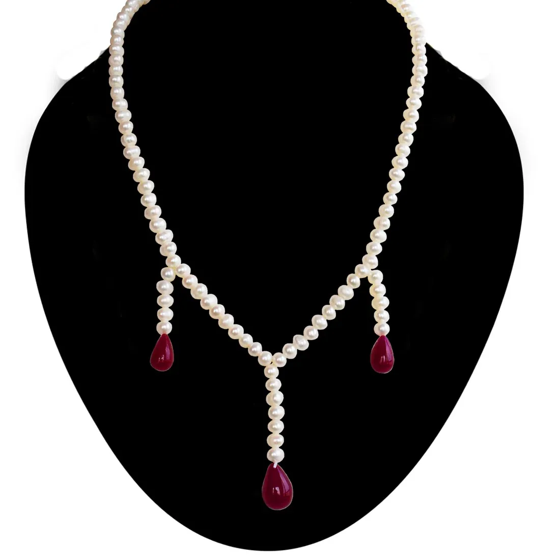 Single Line Real Freshwater Pearl & Hanging Drop Ruby Necklace for Women(SN1041)