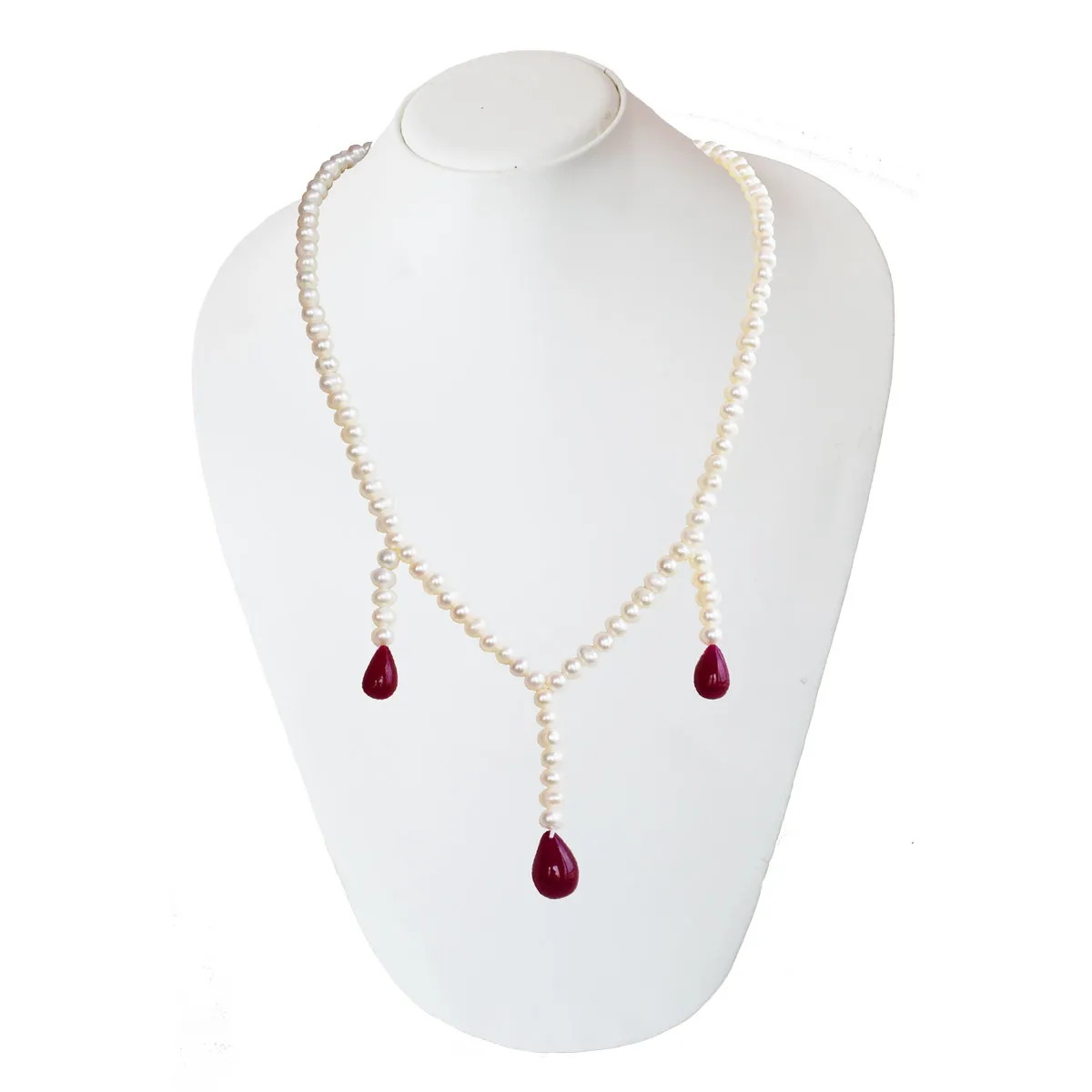 Single Line Real Freshwater Pearl & Hanging Drop Ruby Necklace for Women(SN1041)