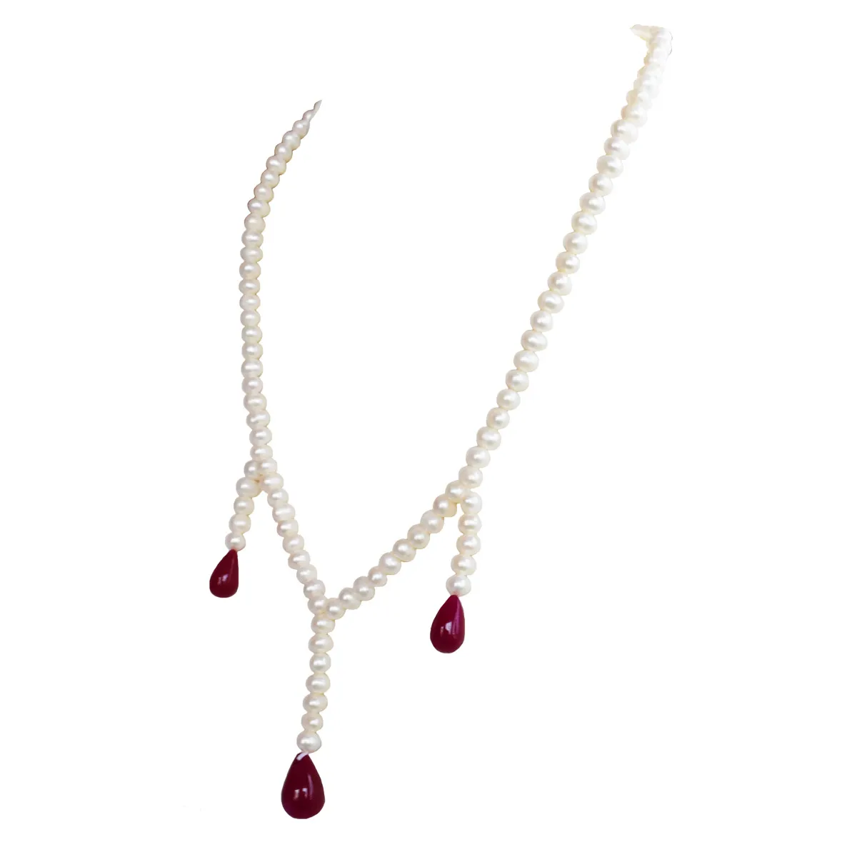 Single Line Real Freshwater Pearl & Hanging Drop Ruby Necklace for Women(SN1041)