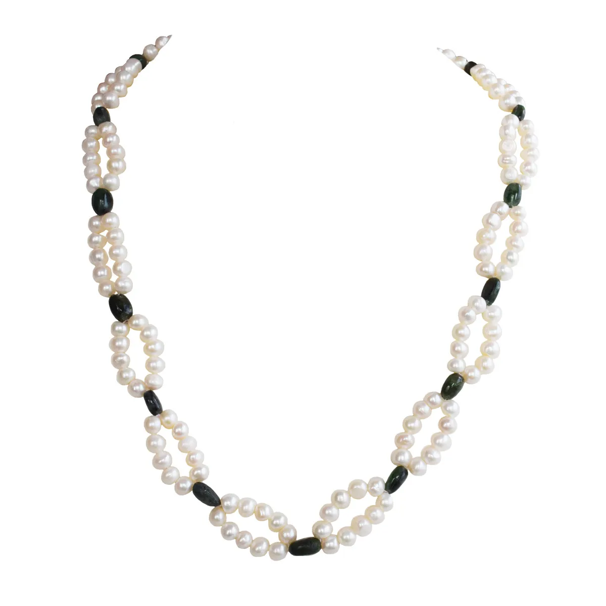 2 Line Real Freshwater Pearl & Green Oval Emerald Necklace for Women (SN1044)