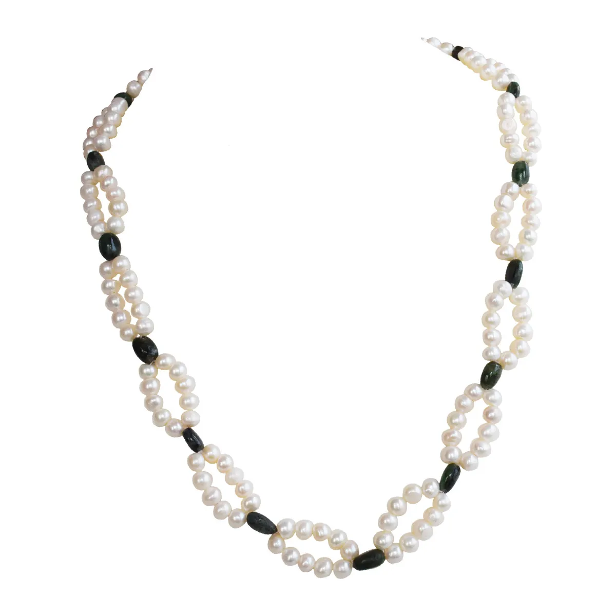2 Line Real Freshwater Pearl & Green Oval Emerald Necklace for Women (SN1044)
