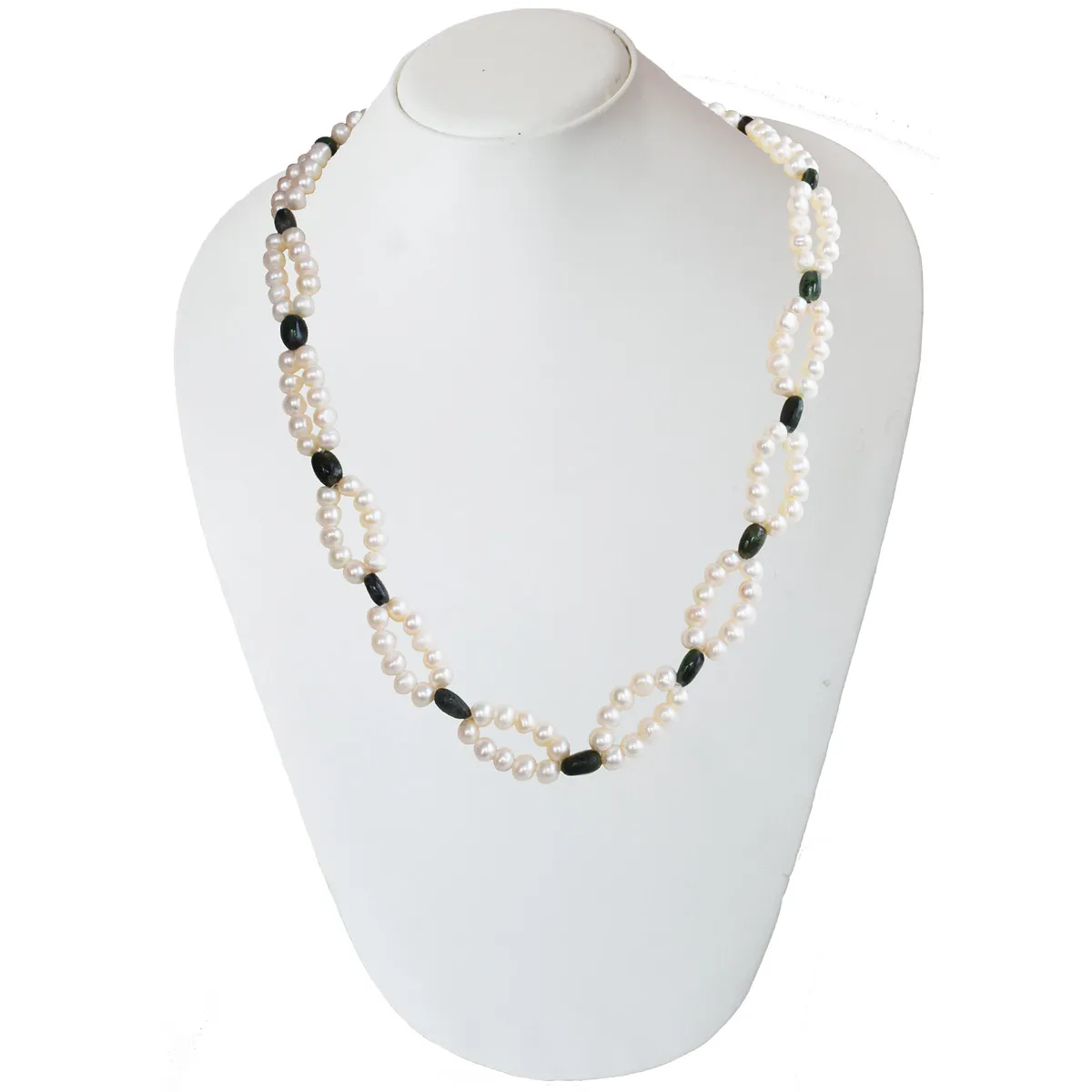 2 Line Real Freshwater Pearl & Green Oval Emerald Necklace for Women (SN1044)