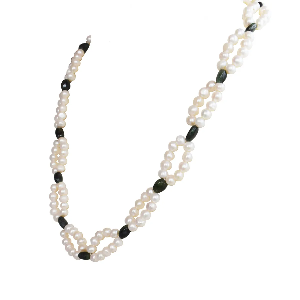 2 Line Real Freshwater Pearl & Green Oval Emerald Necklace for Women (SN1044)