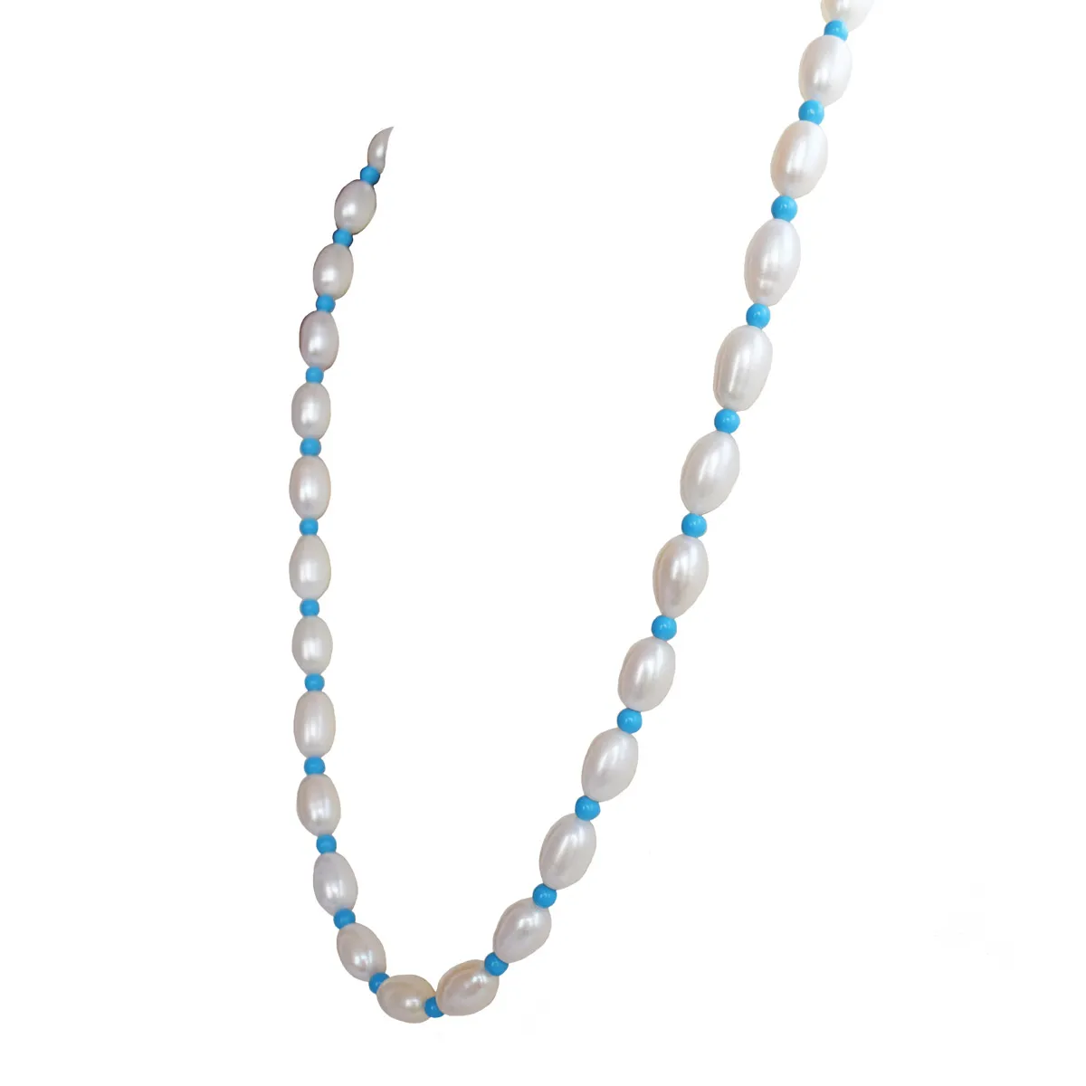 Single Line Real Pearl & Blue Turquoise Beads Necklace for Women (SN1046)