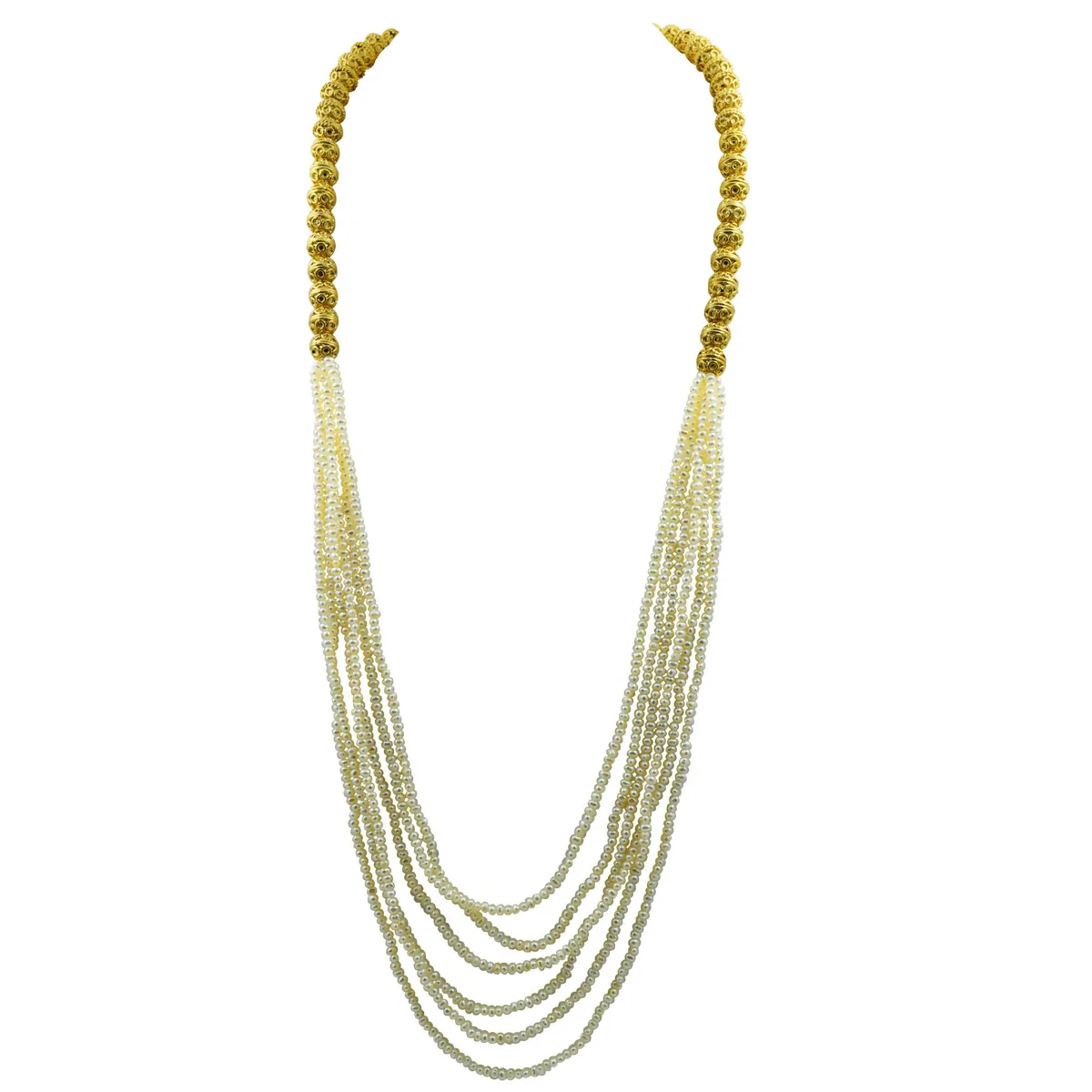 6 Line Real Freshwater Pearl Long Necklace with Gold Plated Balls for Women (SN1048)