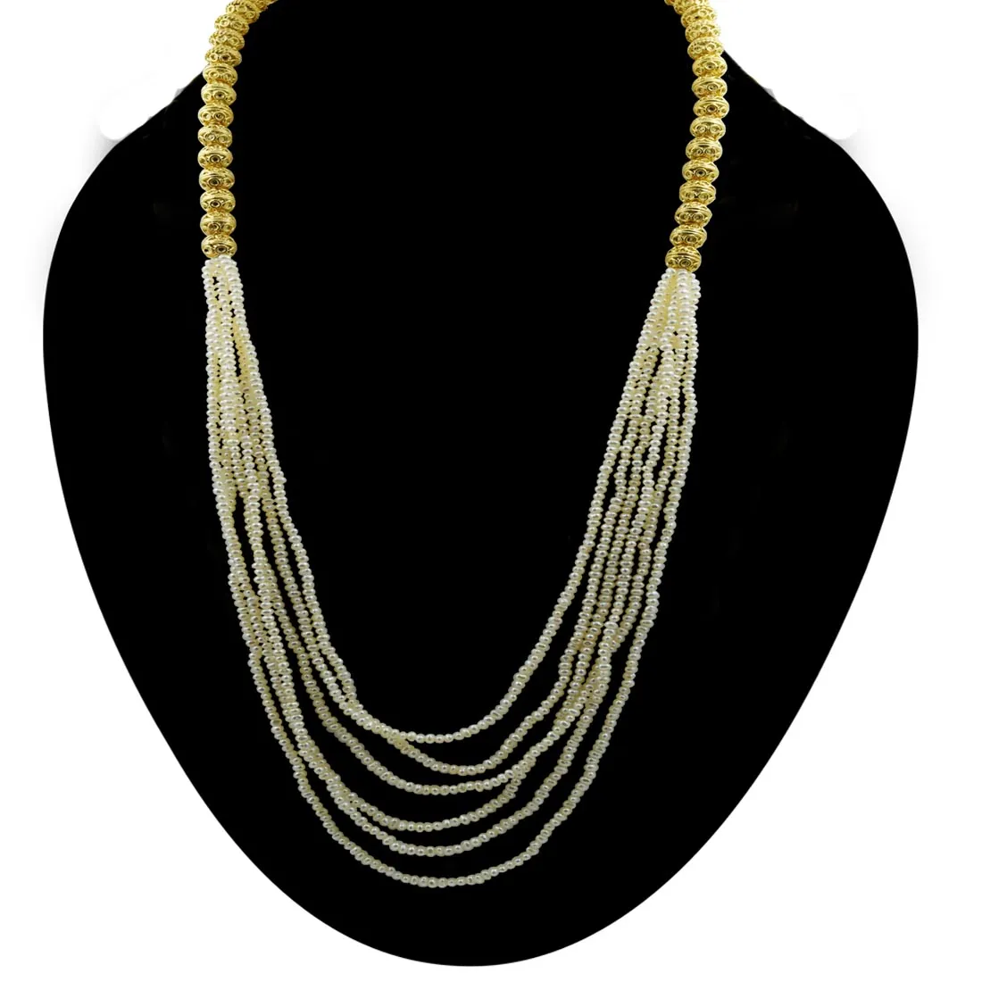 6 Line Real Freshwater Pearl Long Necklace with Gold Plated Balls for Women (SN1048)