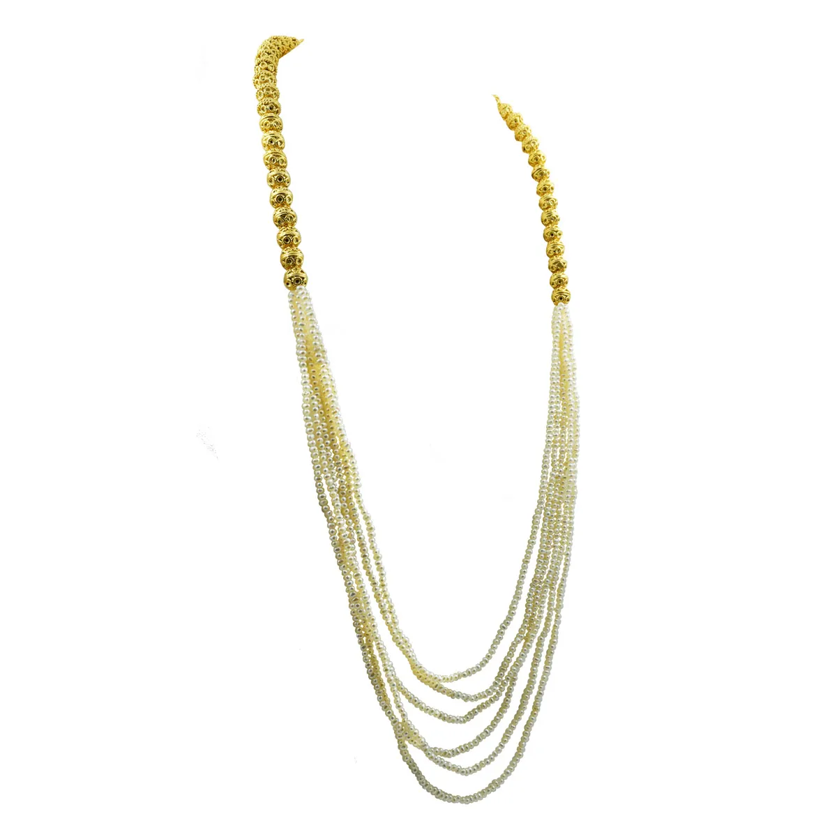 6 Line Real Freshwater Pearl Long Necklace with Gold Plated Balls for Women (SN1048)
