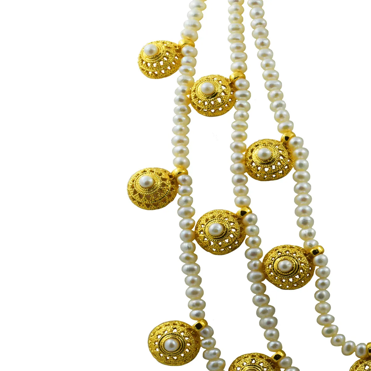 3 Line Rani Haar Real Pearl & Round Shaped Gold Plated Pendants Necklace for Women (SN1051)