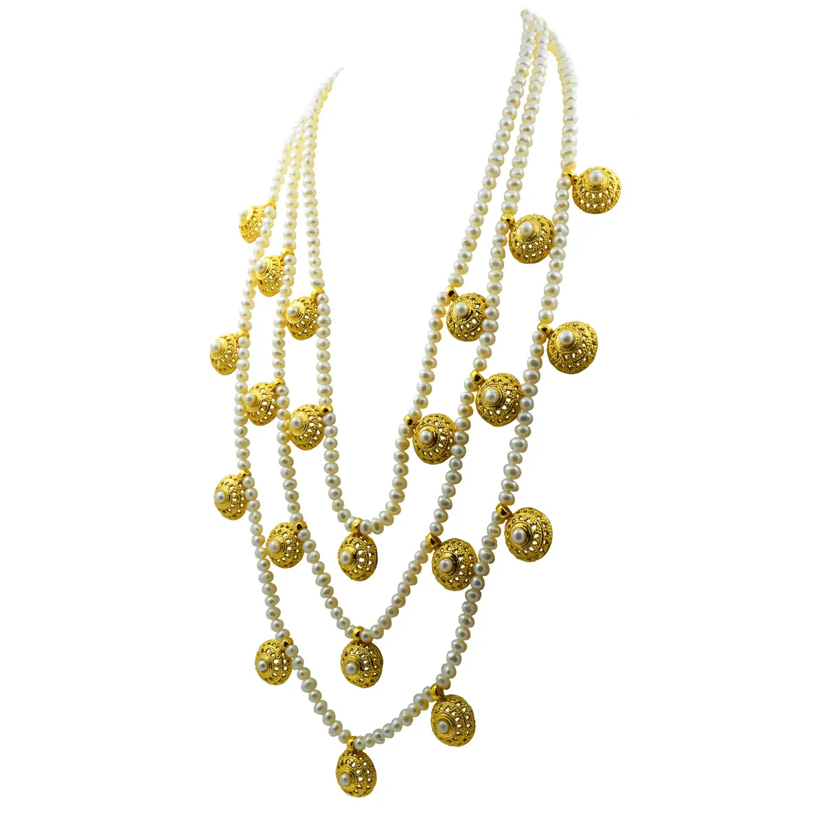 3 Line Rani Haar Real Pearl & Round Shaped Gold Plated Pendants Necklace for Women (SN1051)
