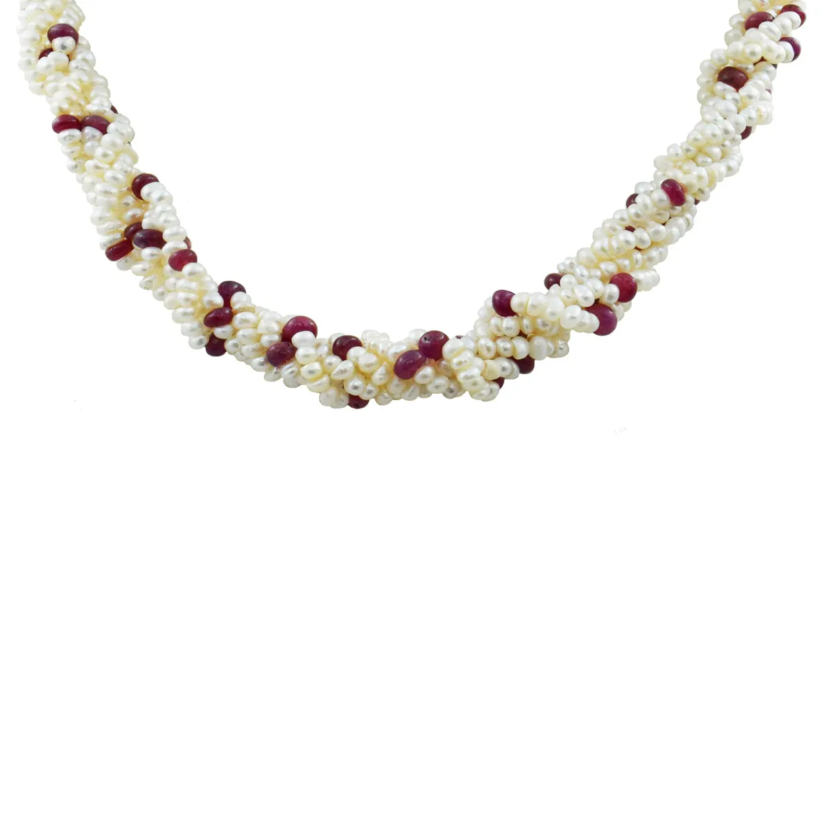 Unveil the Elegance: 5-Line Twisted Real Pearl & Ruby Beads Necklace (SN1054)