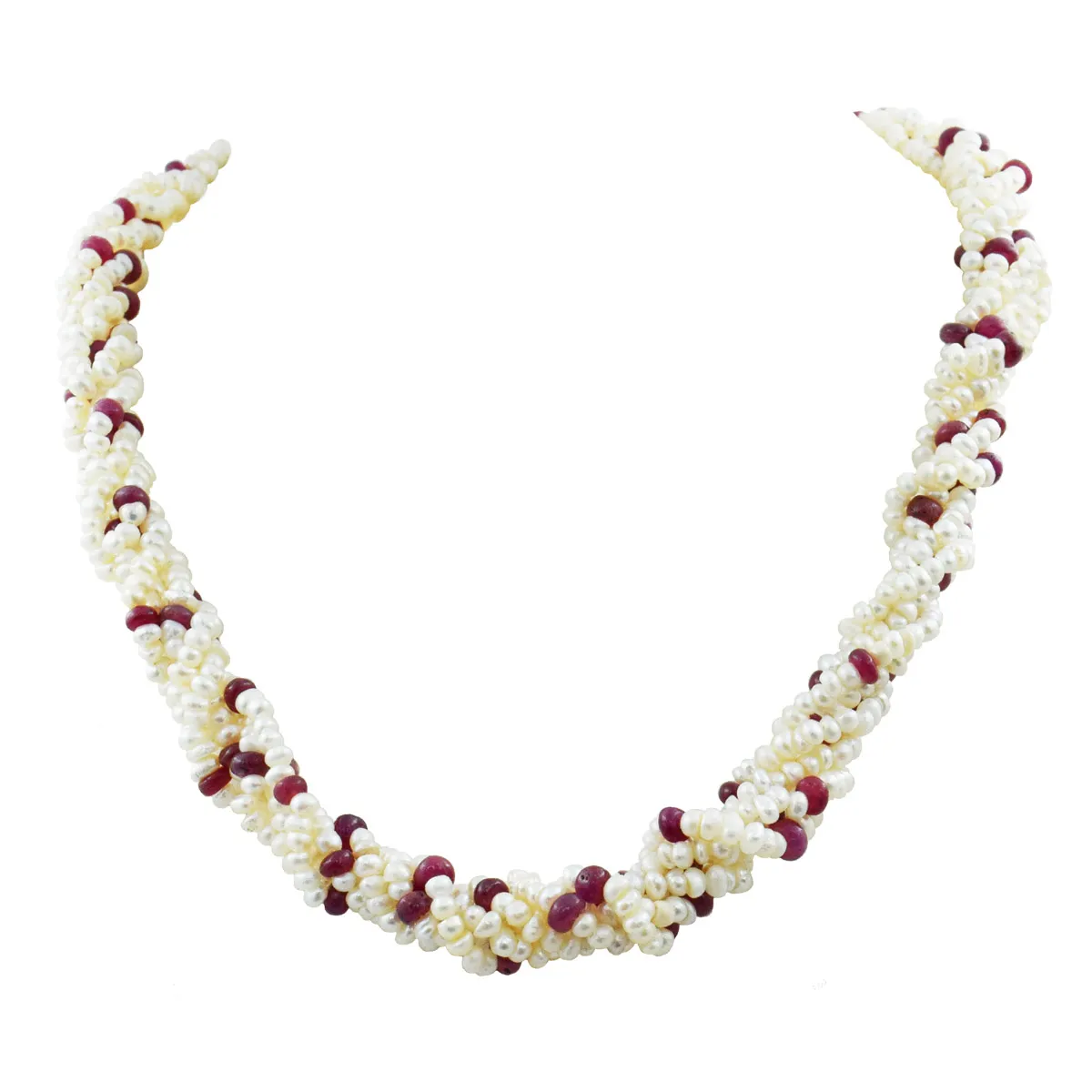 Unveil the Elegance: 5-Line Twisted Real Pearl & Ruby Beads Necklace (SN1054)