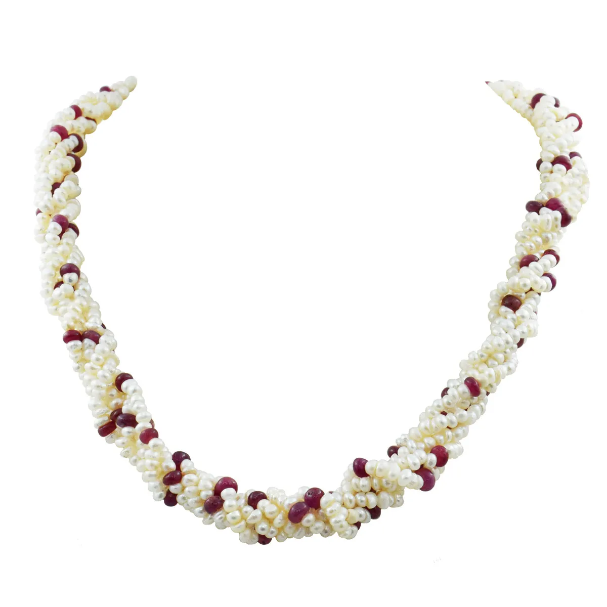 Unveil the Elegance: 5-Line Twisted Real Pearl & Ruby Beads Necklace (SN1054)