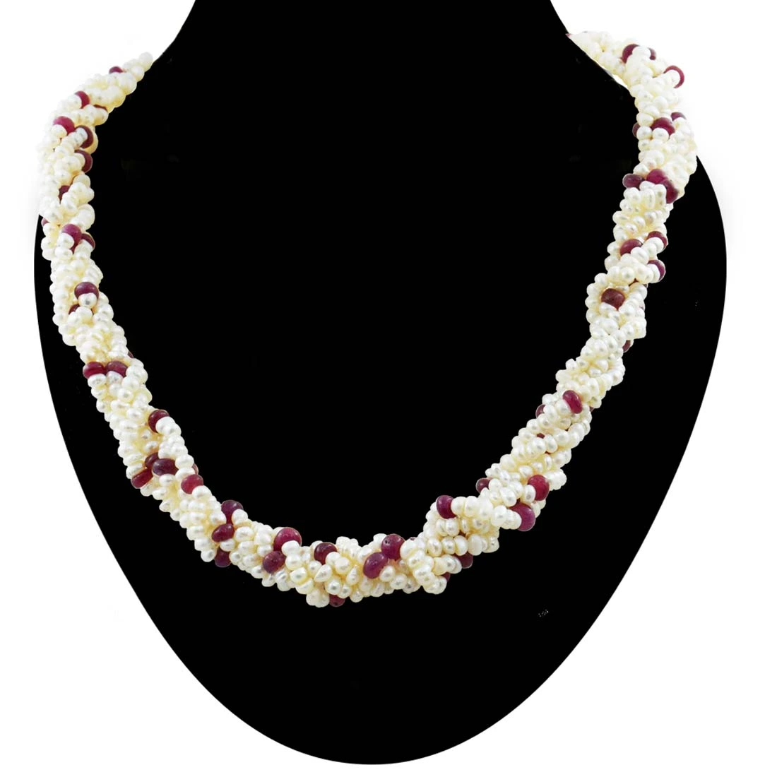 Unveil the Elegance: 5-Line Twisted Real Pearl & Ruby Beads Necklace (SN1054)