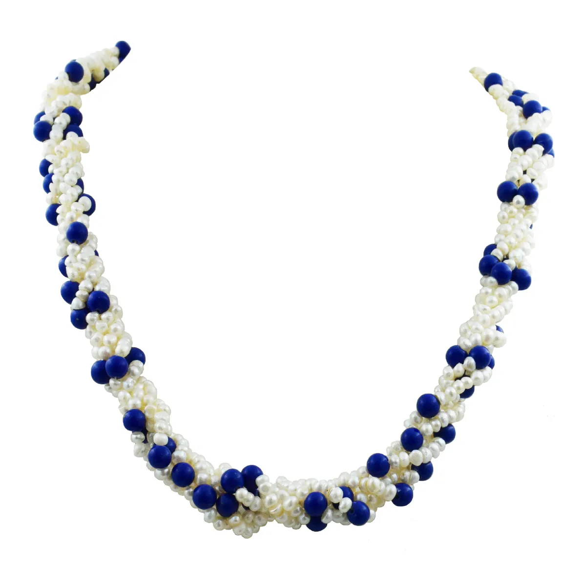 5 Line Twisted Real Pearl & Blue Lapiz Beads Necklace for Women (SN1055)