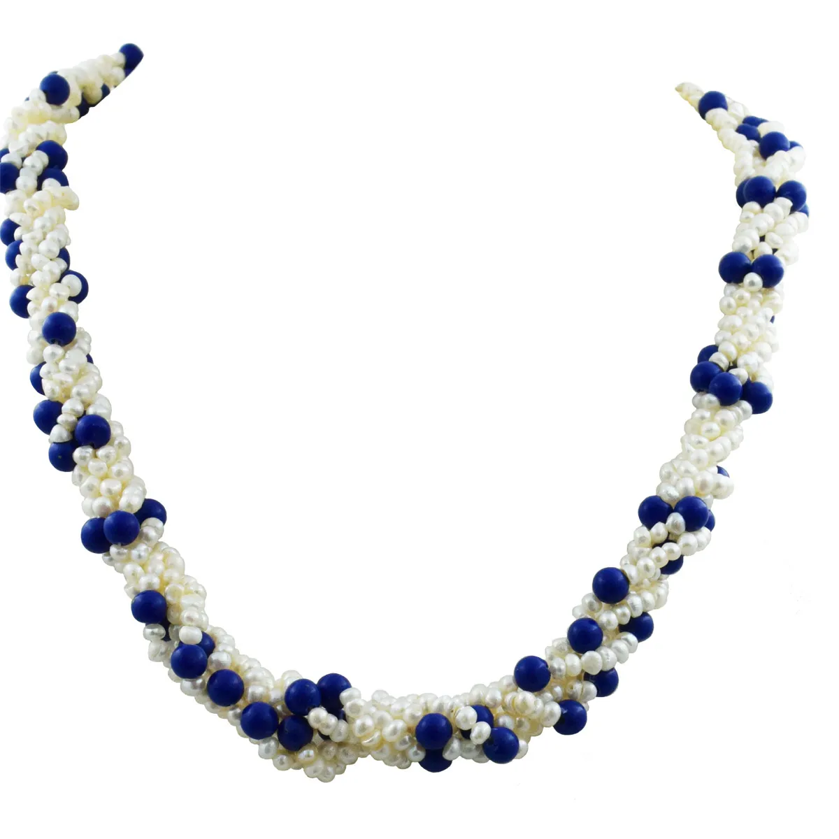 5 Line Twisted Real Pearl & Blue Lapiz Beads Necklace for Women (SN1055)