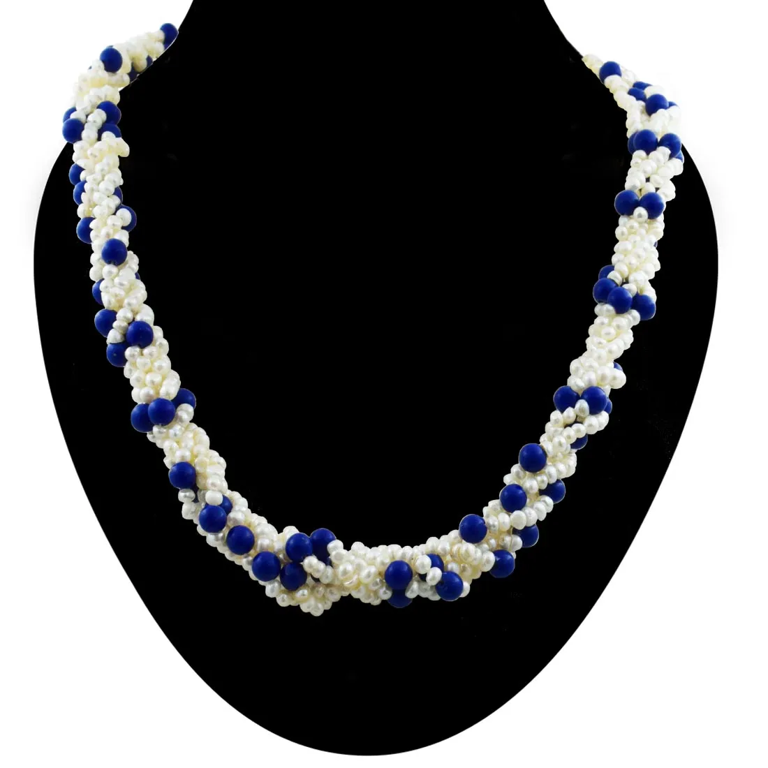 5 Line Twisted Real Pearl & Blue Lapiz Beads Necklace for Women (SN1055)