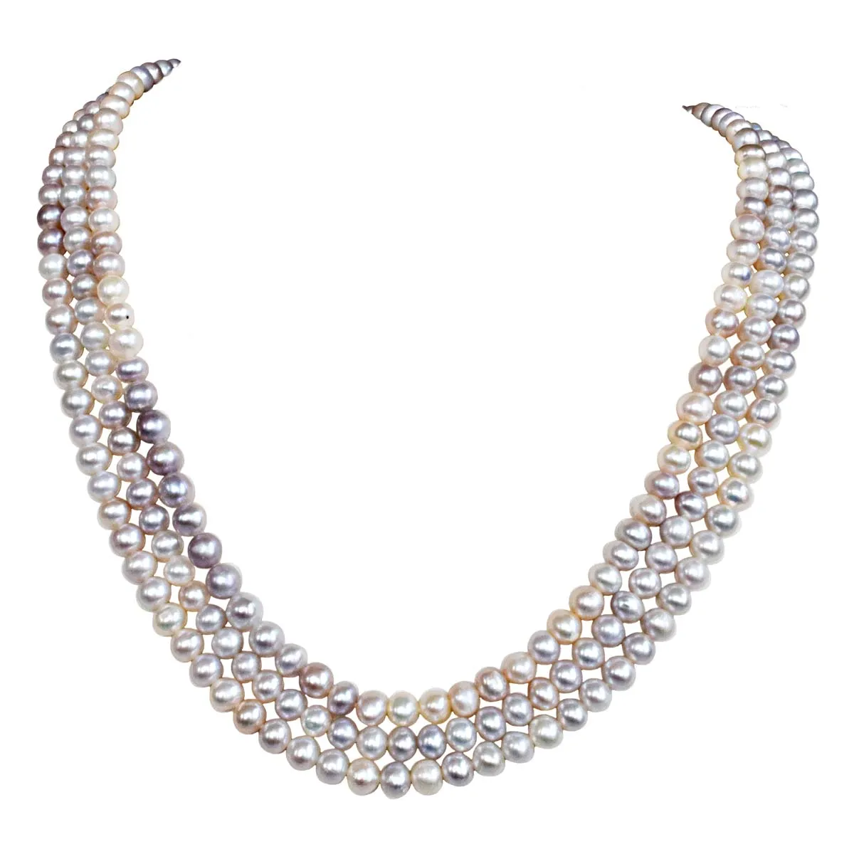 3 Line Real Freshwater Purplish Colour Pearl Necklace for Women (SN1058)
