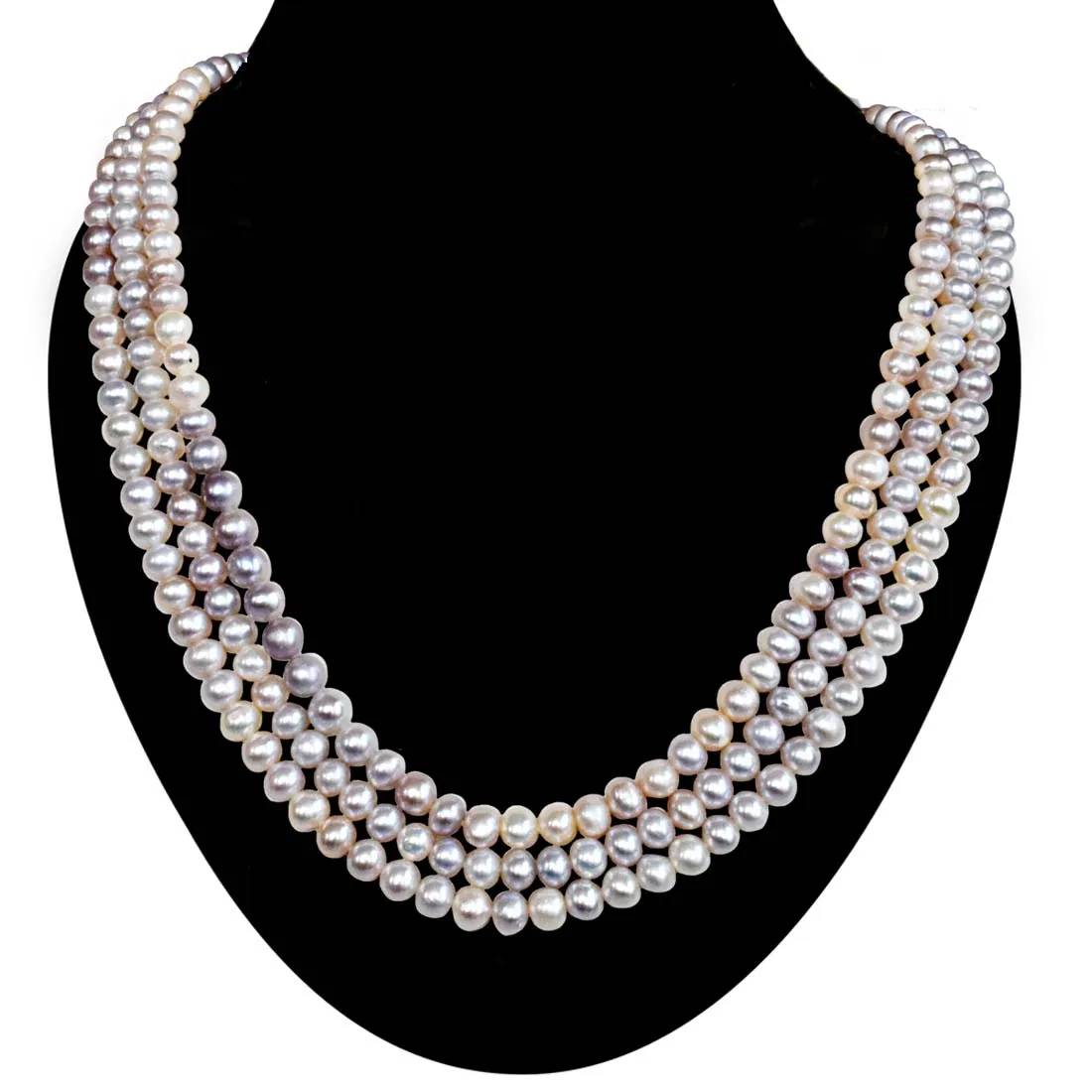 3 Line Real Freshwater Purplish Colour Pearl Necklace for Women (SN1058)