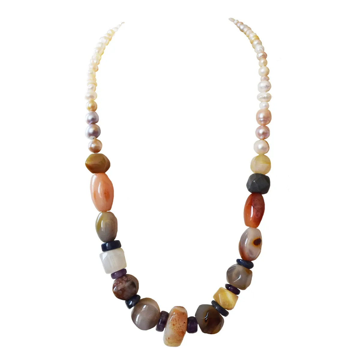 Colourful Agate Stone & Real Pearl Single Line Necklace for Women (SN1061)