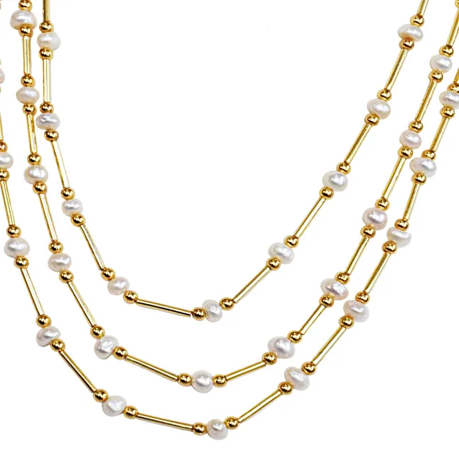 Real Freshwater Pearl & Gold Plated Pipe Necklace & Earrings Jewellery Set for Women (SN1065)