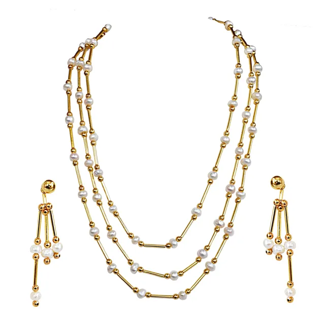 Real Freshwater Pearl & Gold Plated Pipe Necklace & Earrings Jewellery Set for Women (SN1065)