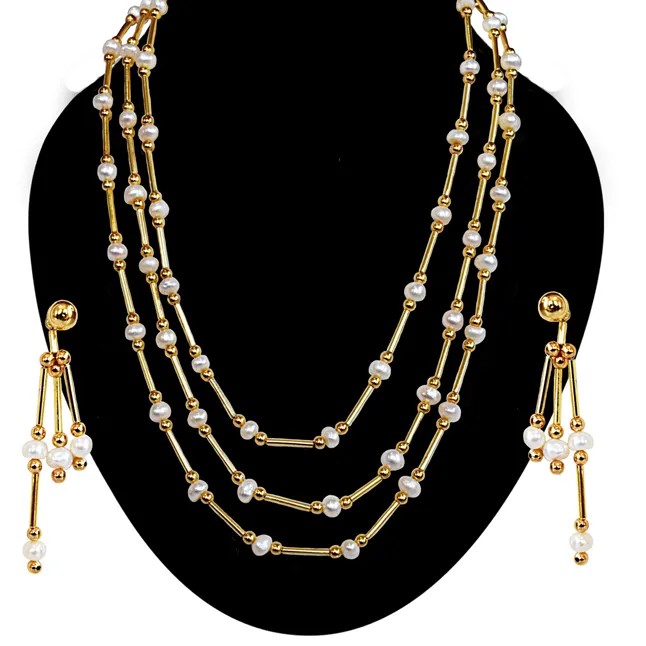 Real Freshwater Pearl & Gold Plated Pipe Necklace & Earrings Jewellery Set for Women (SN1065)