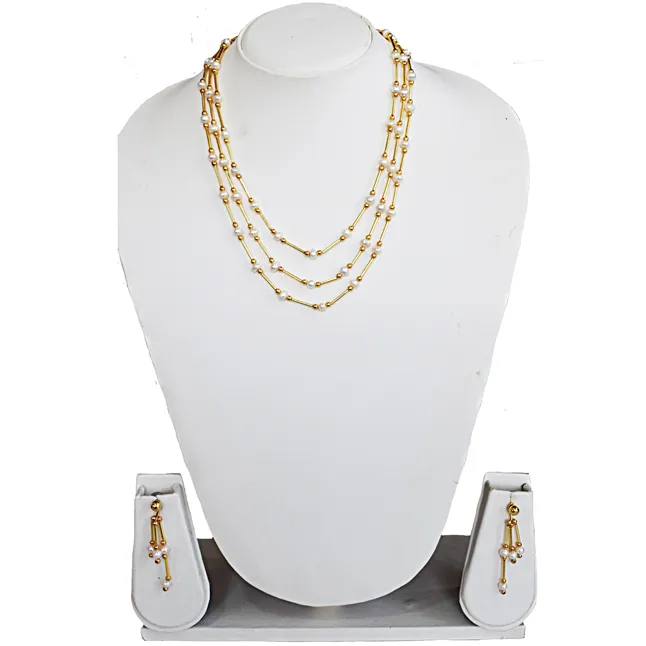 Real Freshwater Pearl & Gold Plated Pipe Necklace & Earrings Jewellery Set for Women (SN1065)