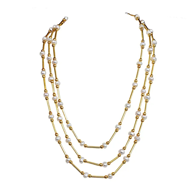 Real Freshwater Pearl & Gold Plated Pipe Necklace & Earrings Jewellery Set for Women (SN1065)