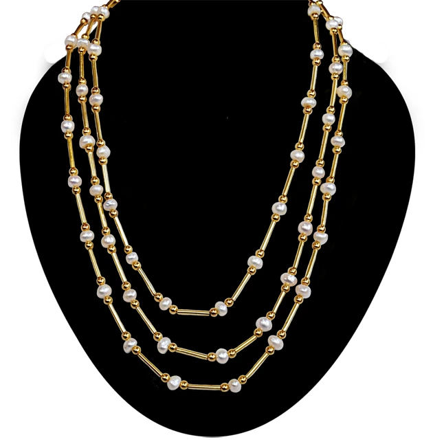 Real Freshwater Pearl & Gold Plated Pipe Necklace for Women (SN1065N)