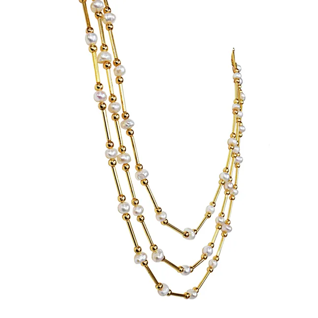 Real Freshwater Pearl & Gold Plated Pipe Necklace for Women (SN1065N)