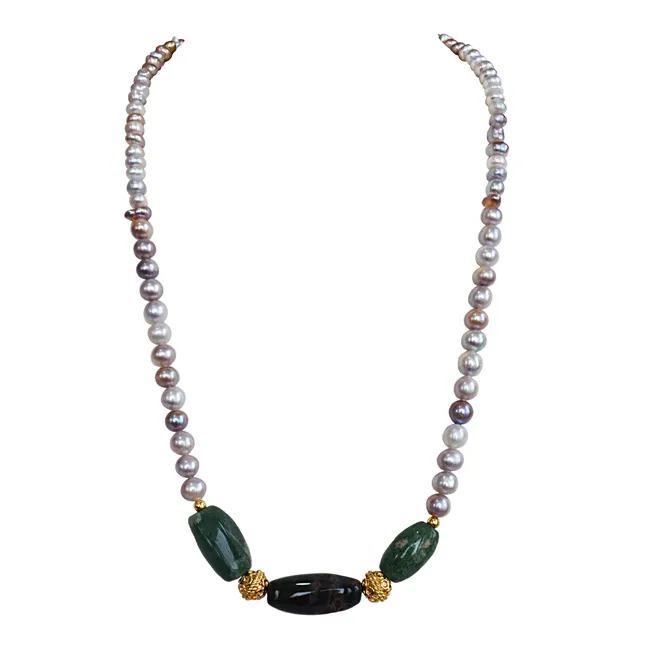 Real Freshwater Pearl, Gold Plated Ball & Beads & Green Stone Necklace for Women (SN1067)