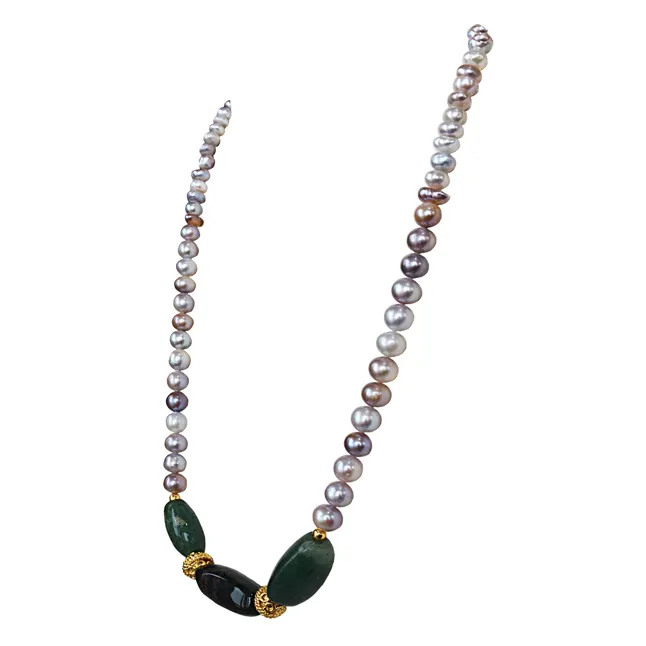 Real Freshwater Pearl, Gold Plated Ball & Beads & Green Stone Necklace for Women (SN1067)