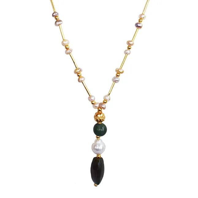 Step Right Up to the Sparkle Spectacular: The Freshwater Pearl, Green Stone & Gold Necklace Fiesta! (SN1068)