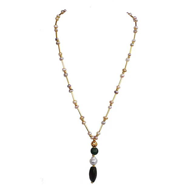Real Freshwater Pearl,  Green Coloured Stone & Gold plated ball & Beads Necklace for Women (SN1068)